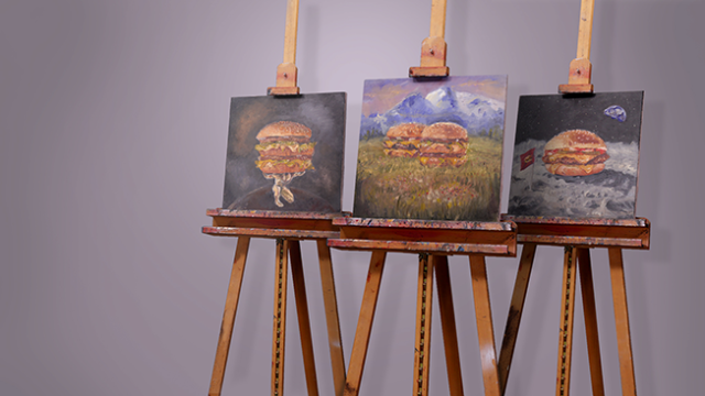 McDonald's celebrated National Hamburger Day with their first Facebook Live stream. The paintings above will be auctioned for their Ronald McDonald House charities. (Source: McDonald's)