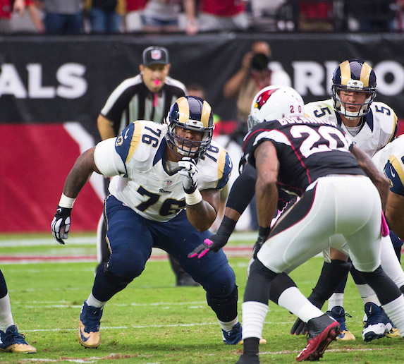 "St. Louis Rams guard Rodger Saffold and St. Louis Rams offensive tackle Rob Havenstein during the game against the Arizona Cardinals. (Photo by Scott Rovak/St. Louis Rams)"