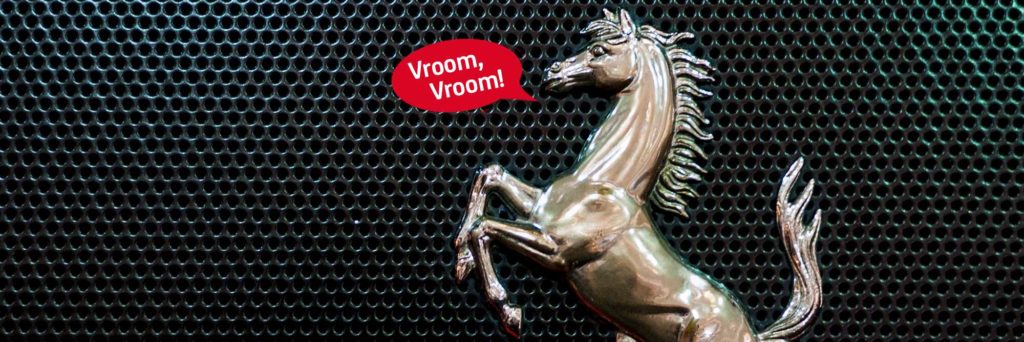 photo of Ferrari logo saying vroom vroom in a speech bubble