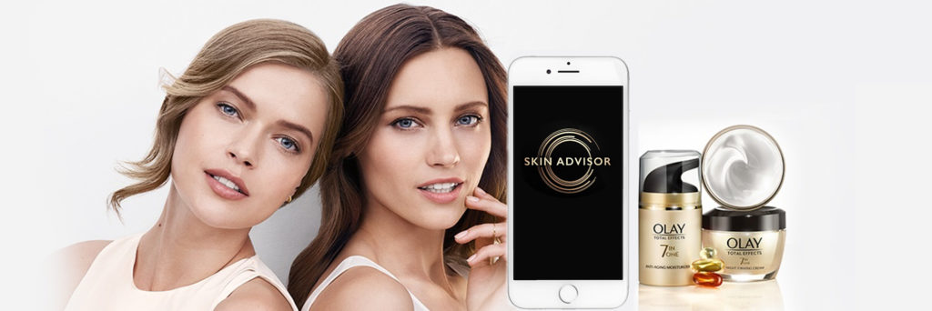 Image Collage of Olay Skincare Models and Skin Advisory App on Iphone