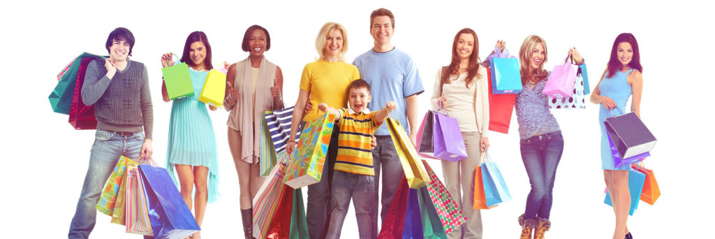 Group of Sily Happy Shoppers Holding Bags