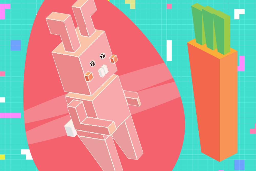 80's pixelated easter bunny with vibrant colors