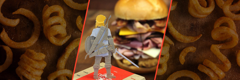 Collage of Arby's Zelda Sculpture and Curly Fries
