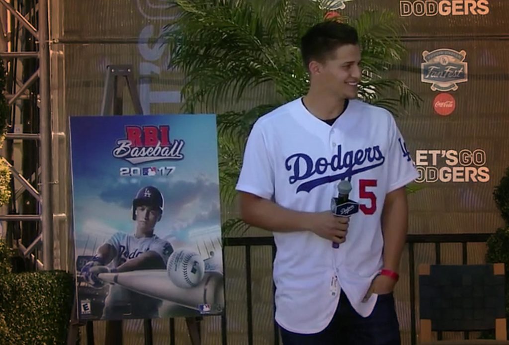 Corey Seager onstage announcing RBI Baseball 2017