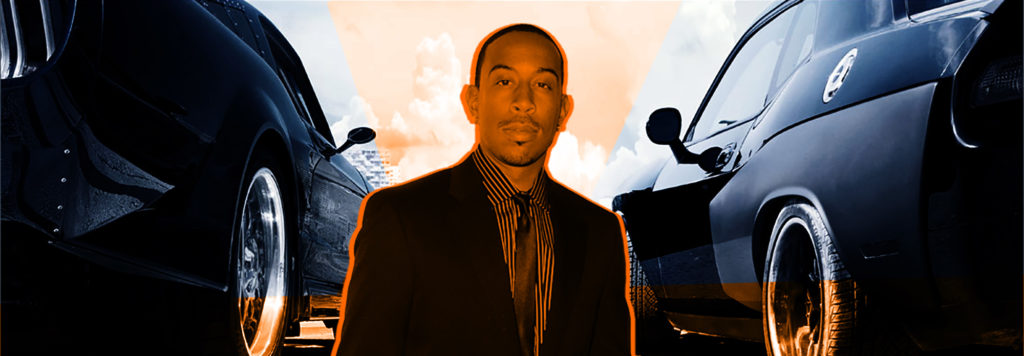 Image of Ludacris Collaged in front of Two Cars From Fate Of The Furious