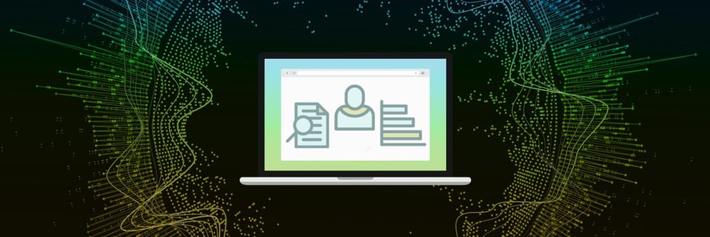 Image of laptop with Browser open surrounded by a graphic demonstrating data