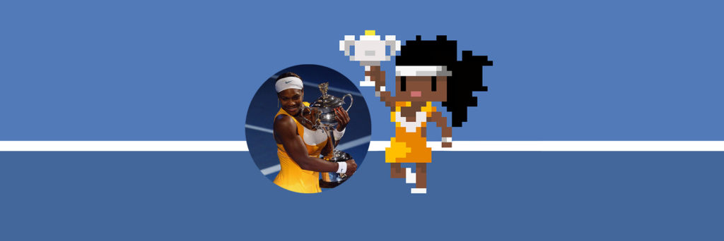Serena Williams Next to 8 bit version of herself, holding up award