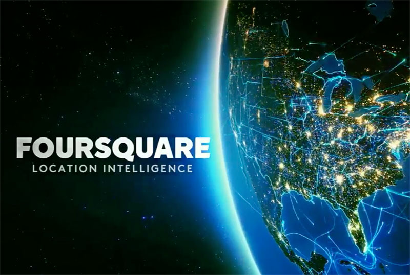 Foursequare promotional image that shows the earth orbiting with lights highlighting locations