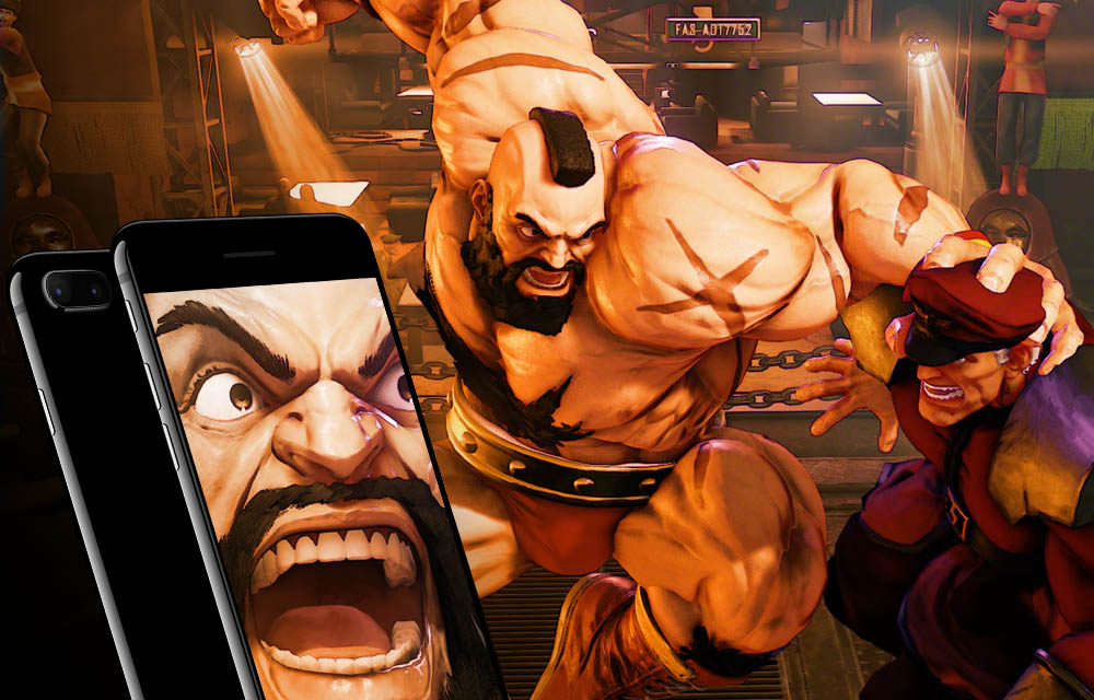 Streetfighter characters fighting collaged with smartphone displaying streetfighter character's face