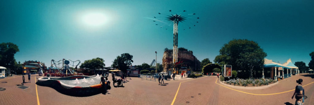 Image of a theme park taken with a 360 camera