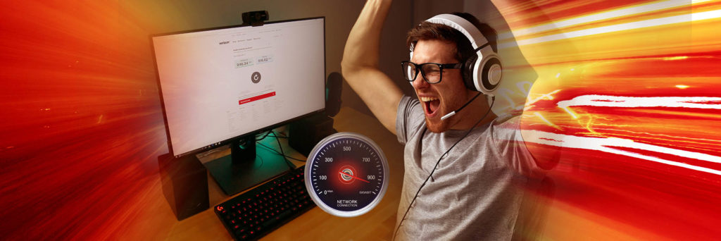 Excited gamer cheering uses Gigabit High Speed Internet from Verizon