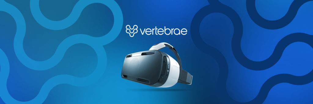 Vertebrae VR Headset and Vertebrae Logo with abstract background