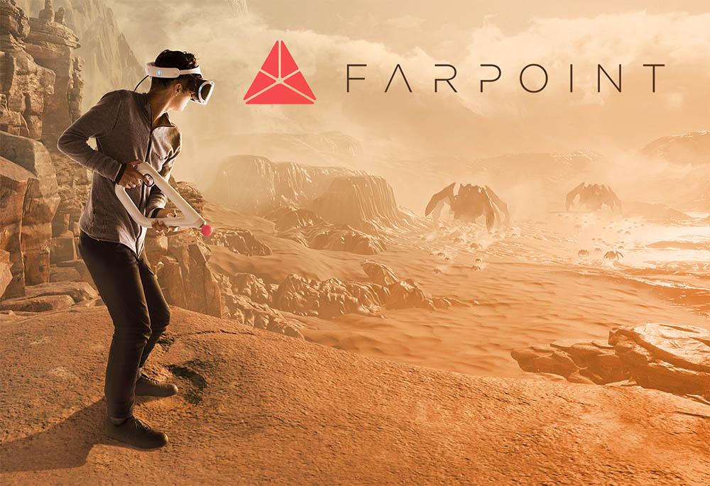 Farpoint promo image of game player shooting on mars like landscape