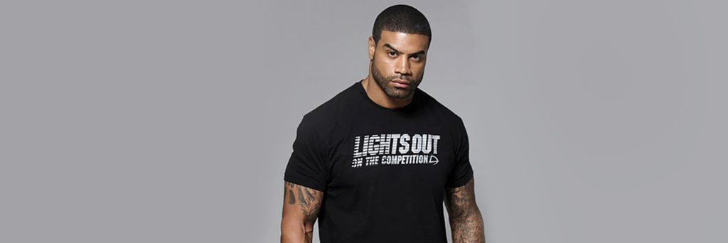 Shawne Merriman sports a t-shirt from his clothing line "Lights Out"
