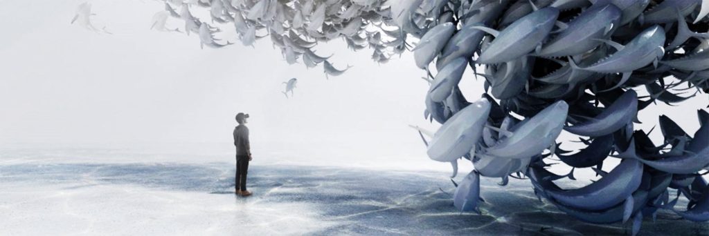 Still image previewing man surrounded by CGI sharks in The Nature Conservancy, This is Our Future