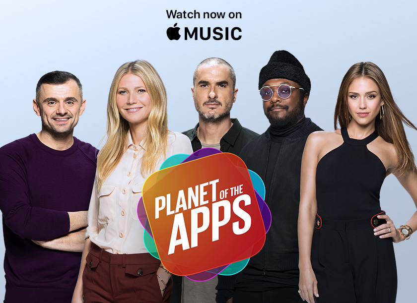 Planet of the apps team Gary Vaynerchuck, Gweneth Paltrow, Jessica Alba, Will.i.am, Zane Lowe, Tim Cook