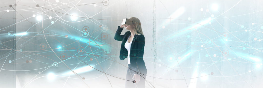 Business Woman wears Virtual Reality Headset