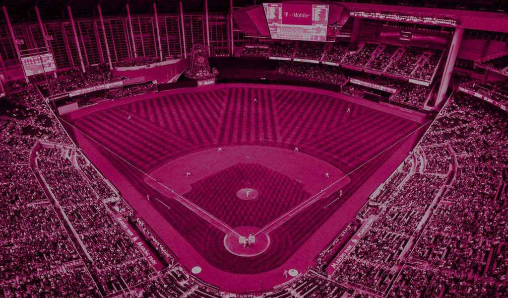 aerial view of baseball field sponsored by Tmobile on the jumbotron