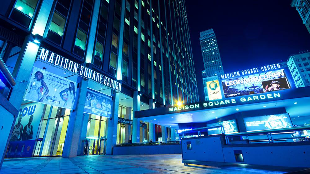 Street view of Madison Square Garden at night