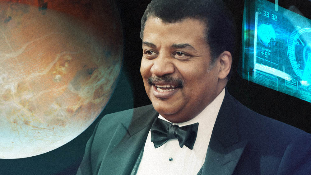 Neil deGrasse Tyson smiling with space elements in background