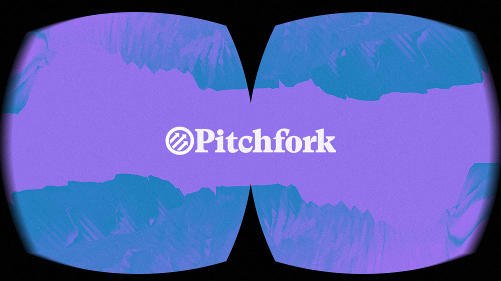 Pitchfork logo and 3D art as seen thru Virtual Reality headset