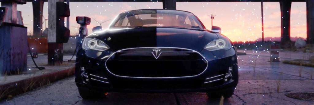 CGI Tesla car surrounded by fireflys