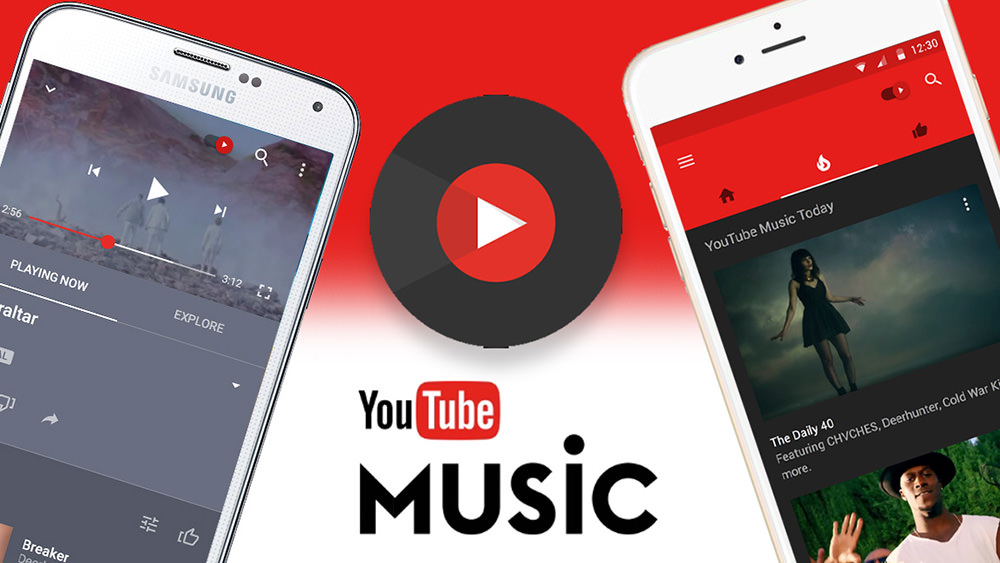 Youtube music promo image featuring app on devices