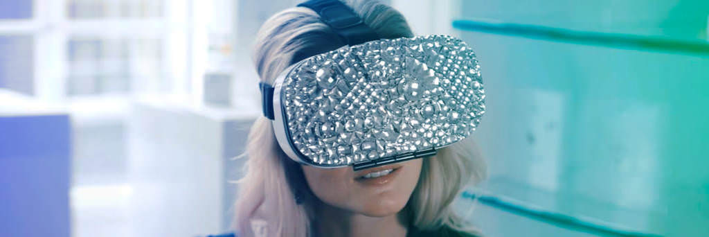 Woman wearing Swarovski embellished Virtual Reality headset