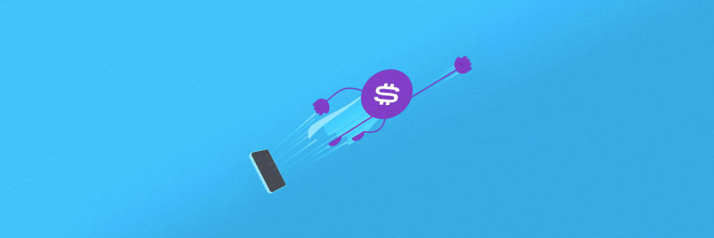 MONEY SUPERJERO EMERGES FROM MOBILE PHONE VECTOR ART