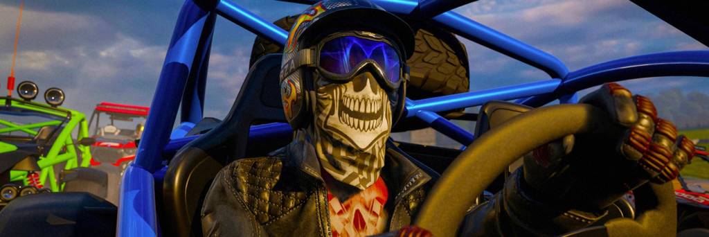 Driver wearing Skeleton mask racing car