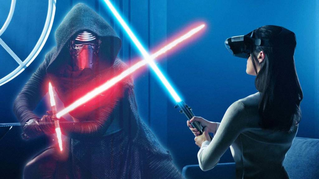 Star Wars Woman Jedi wears VR headset as she combats