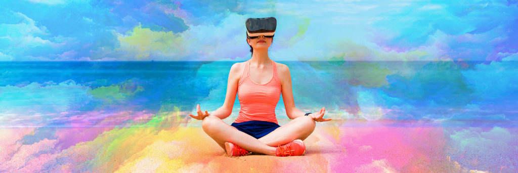 Woman relaxing wearing Virtual Reality Headset on Beach Meditating
