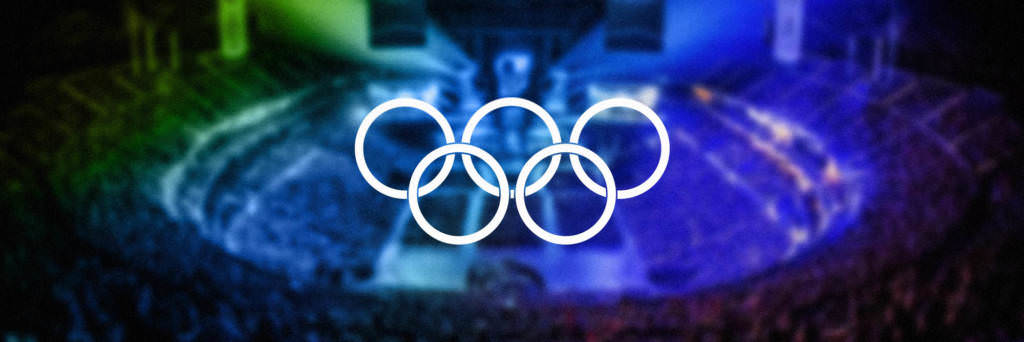 esports arena and olympic rings graphic