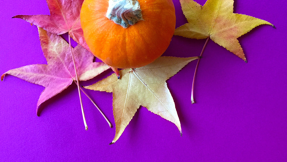 Pumpkin and fall leaves on purple surface