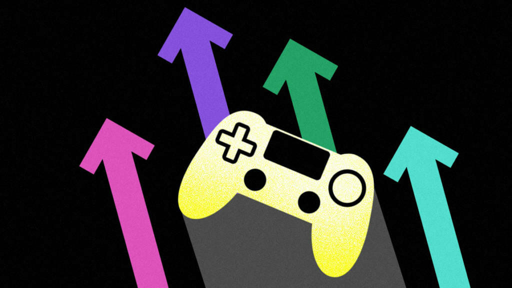 Gaming console, upward trend arrows. Gaming controller via Karen Tyler Noun Project