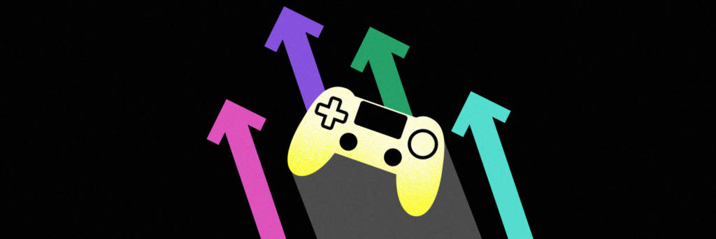 Gaming console, upward trend arrows. Gaming controller via Karen Tyler Noun Project