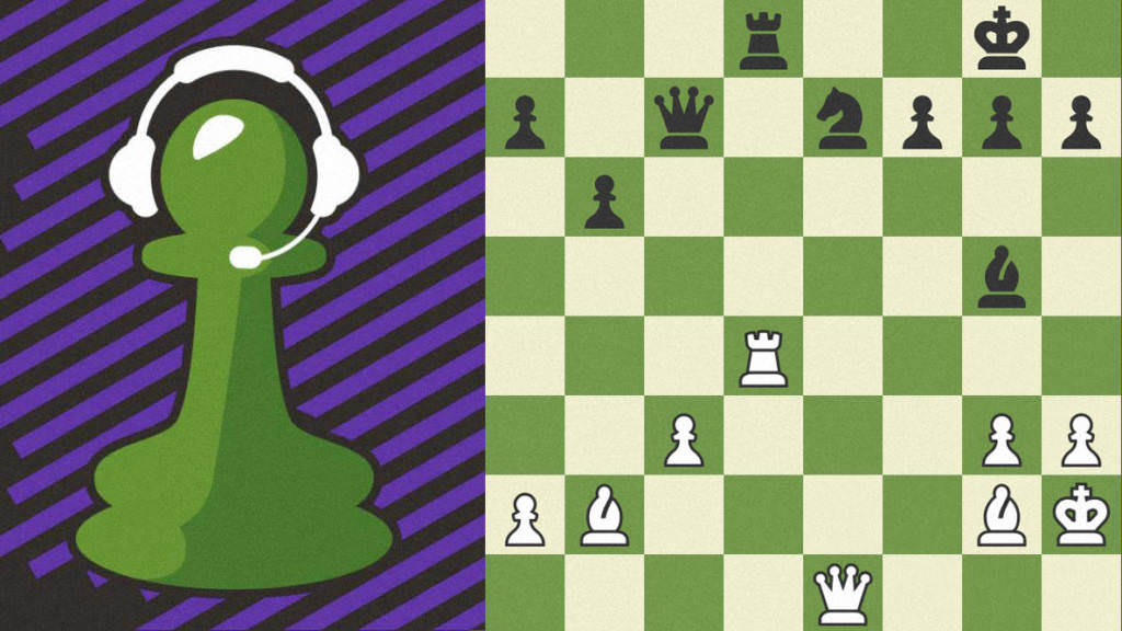Chess piece wearing gaming headset and chess board