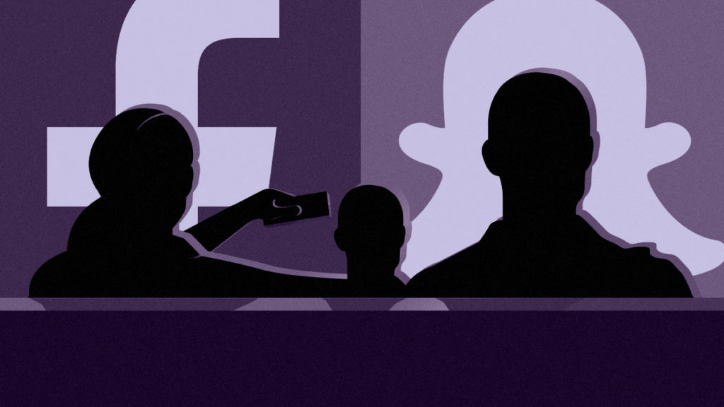 Family on couch watches Facebook and Snapchat
