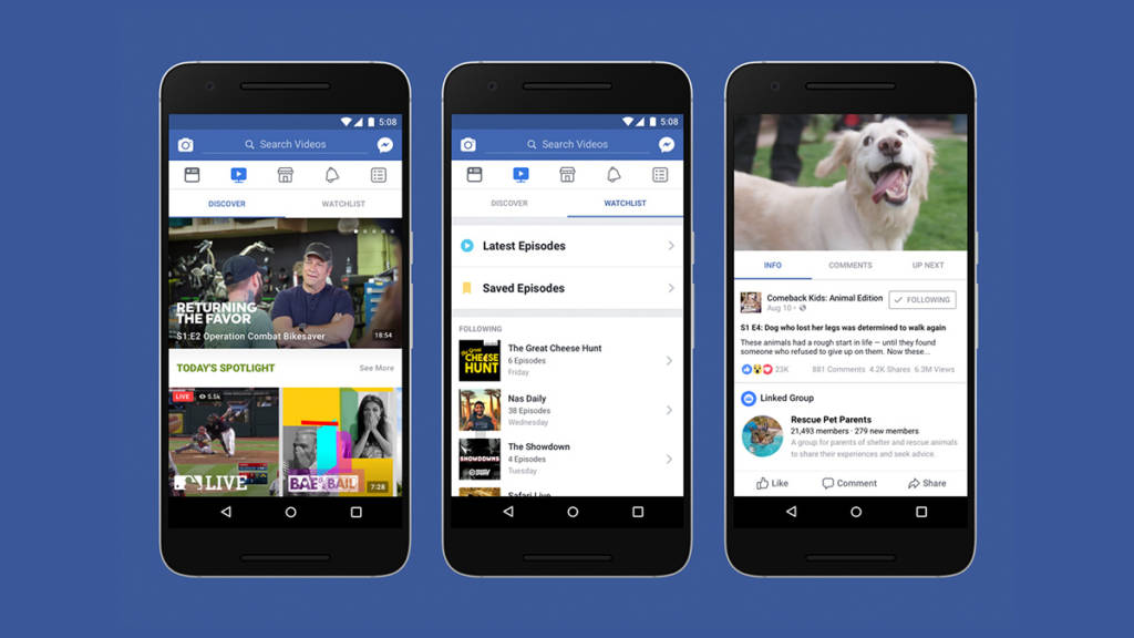 Facebook Watch demo displayed on mobile phones