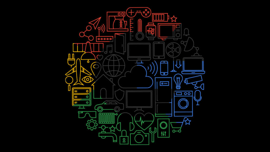 Google logo colors overlayed onto a IOT connected devices graphic